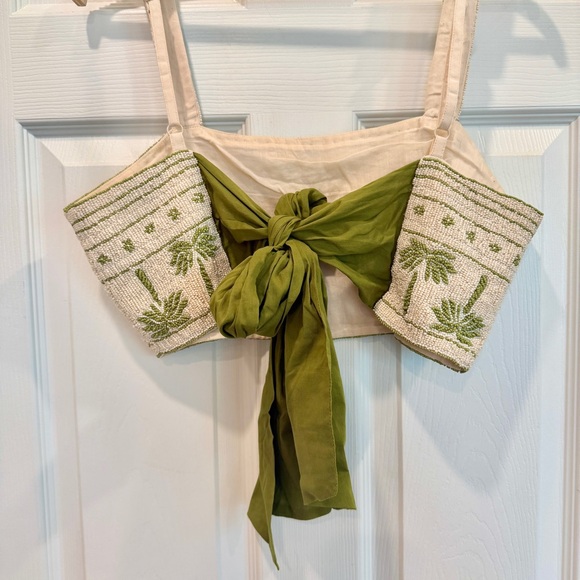 π΄ Anthropologie Celandine Beaded Palm Tree Cami Crop Top Green Beige Seed Beads - Picture 6 of 13